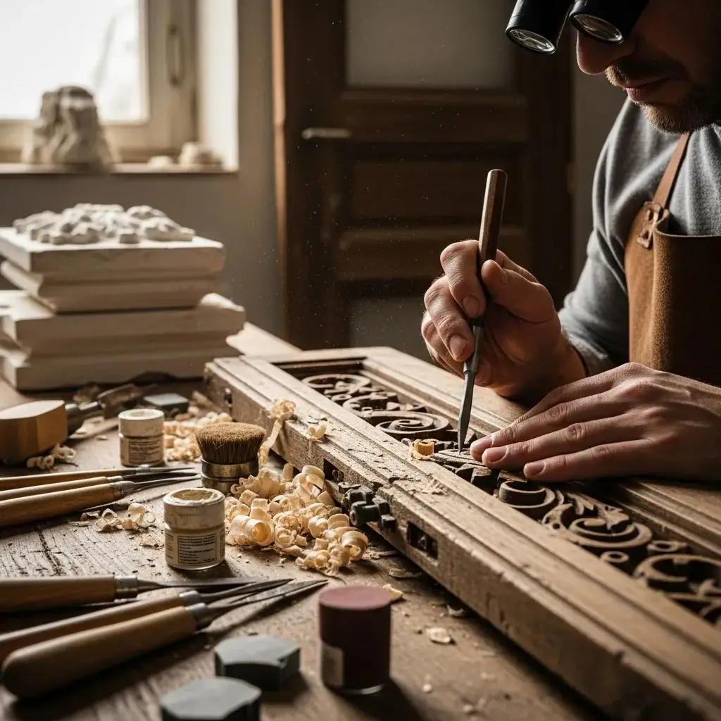 Artisan restoring vintage architectural features with skilled craftsmanship, surrounded by woodworking tools and materials, emphasizing preservation in historic home renovations.