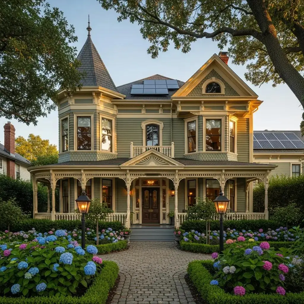Historic North Shore home showcasing architectural integrity, featuring a Victorian-style facade, solar panels, and lush garden with hydrangeas, emphasizing preservation and modern updates.