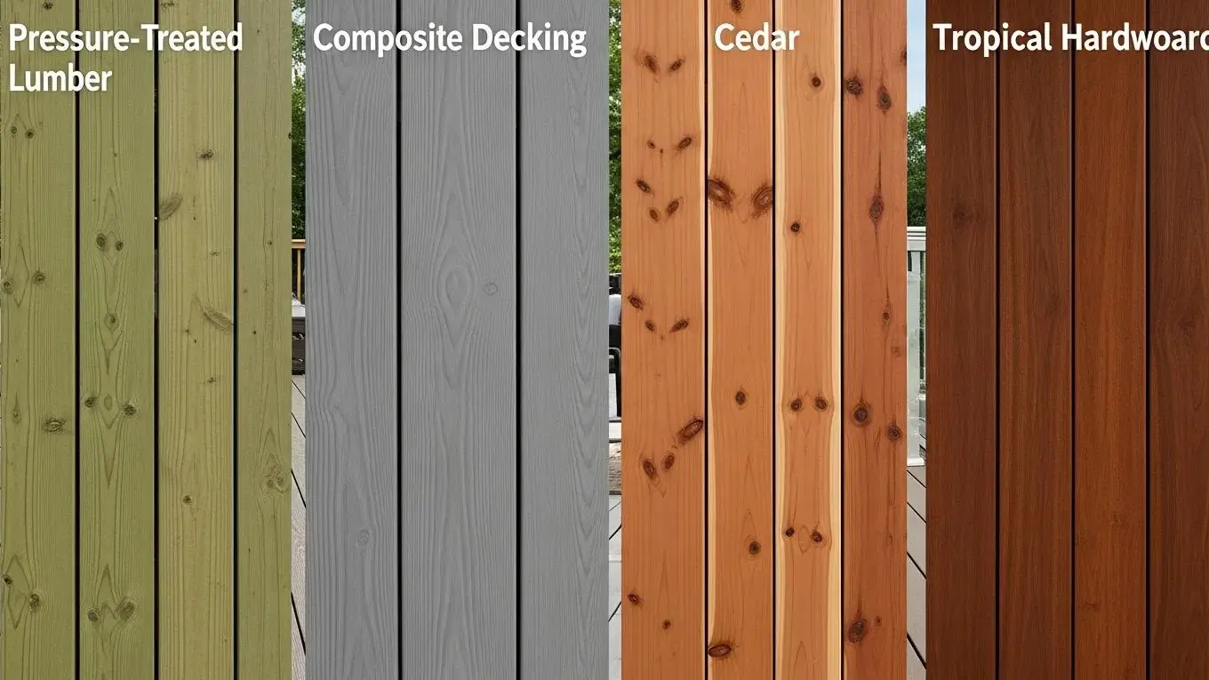 Comparison of deck materials: pressure-treated lumber, composite decking, cedar, and tropical hardwood in a natural setting