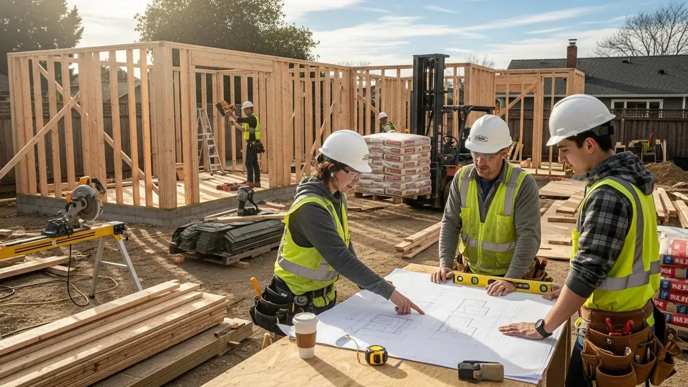 ADU construction site with workers and building materials