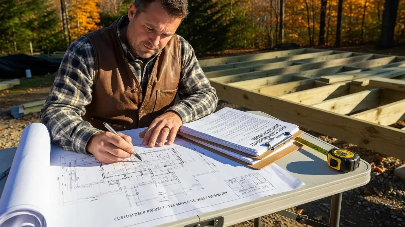 Contractor reviewing building plans and permits for a custom deck project in West Newbury, MA