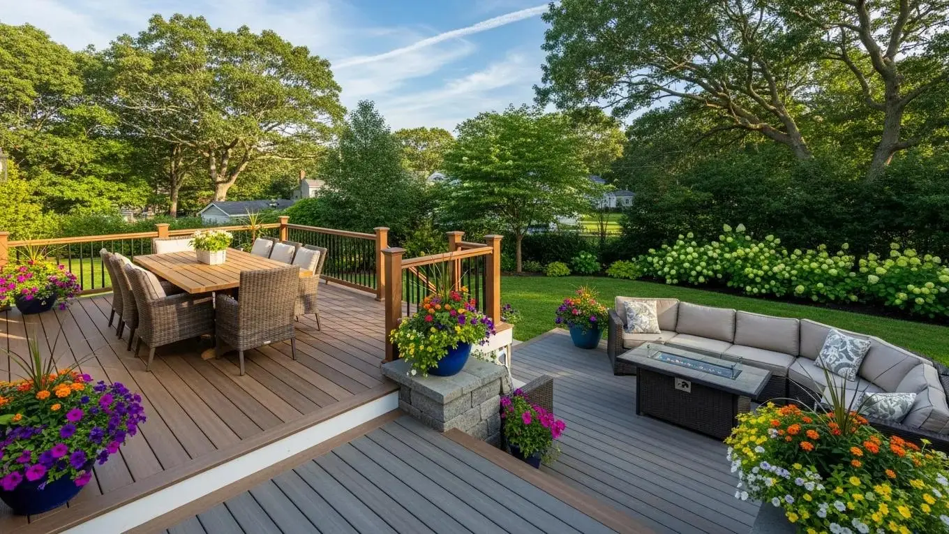 Custom deck in West Newbury, MA, featuring natural wood and composite materials, outdoor dining area with wicker furniture, and vibrant flower pots, showcasing an inviting outdoor living space for North Shore homeowners.