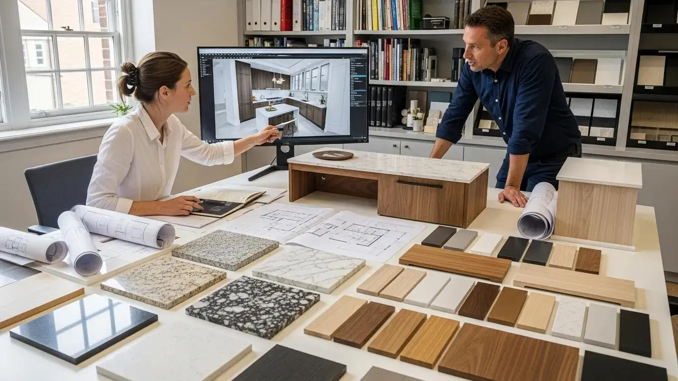 Designer collaborating on custom kitchen layout with material samples