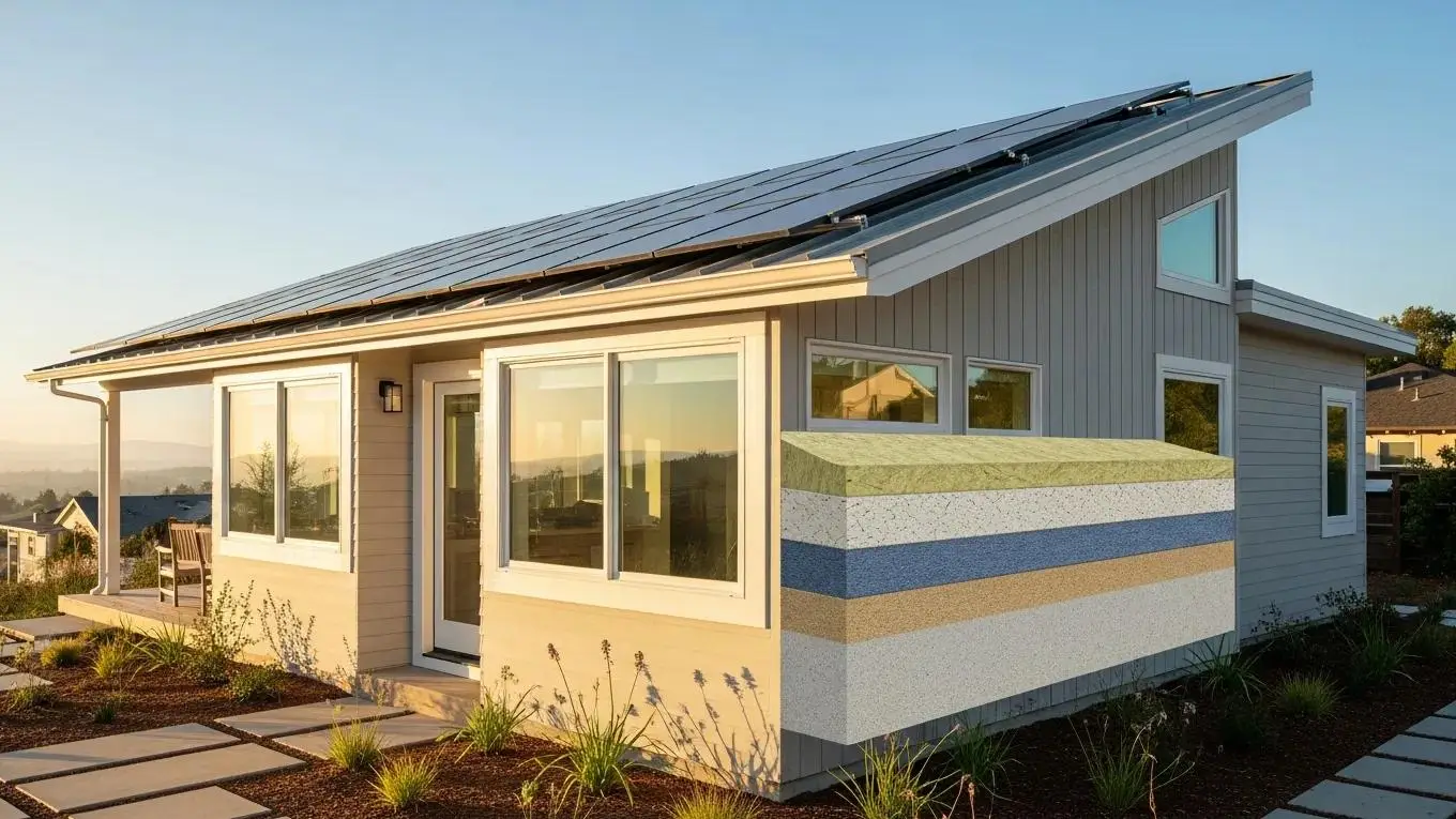 ADU with solar panels and insulated walls illustrating energy-efficient design