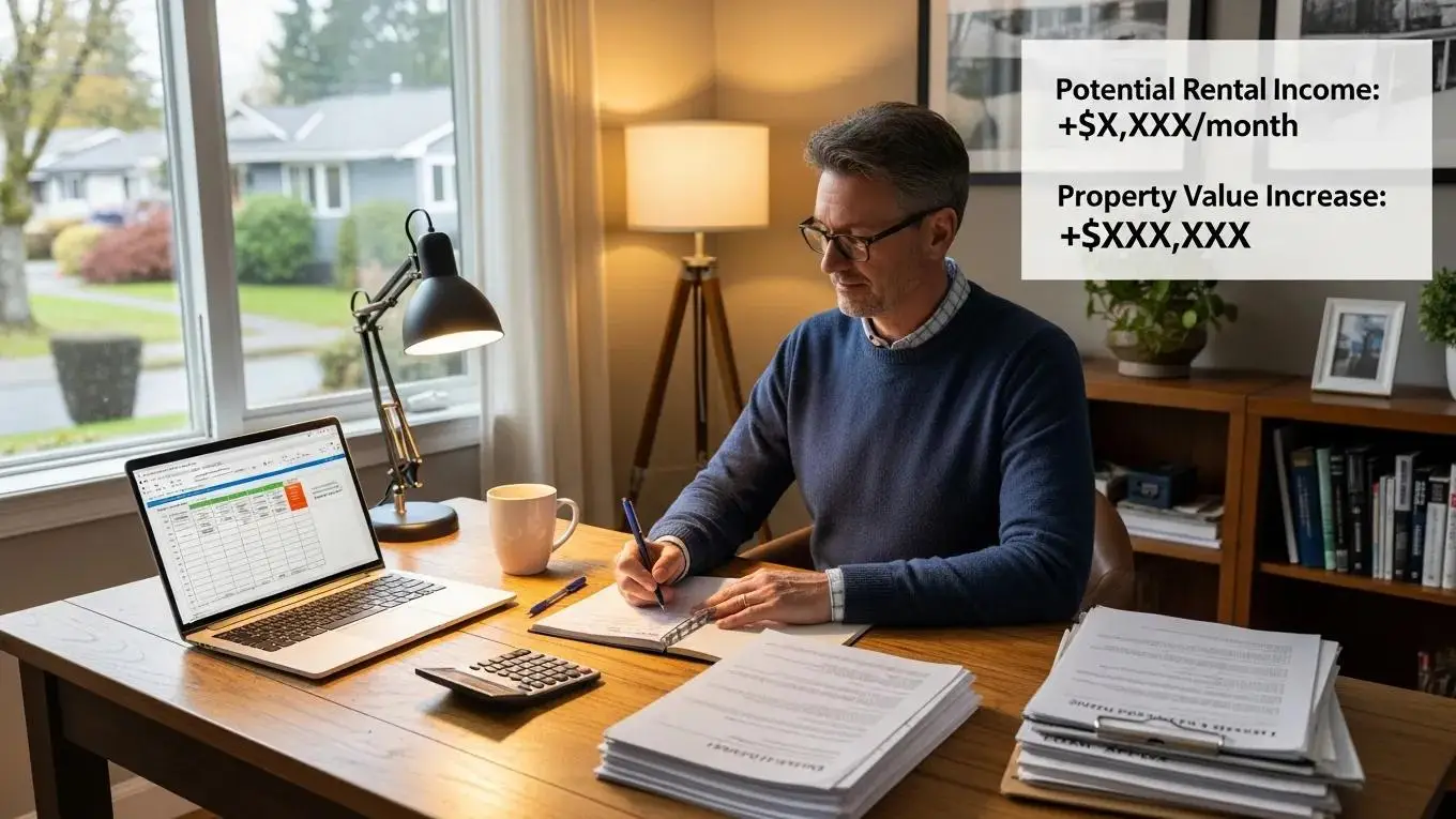 Homeowner reviewing financial documents for ADU construction, highlighting rental income and property value benefits