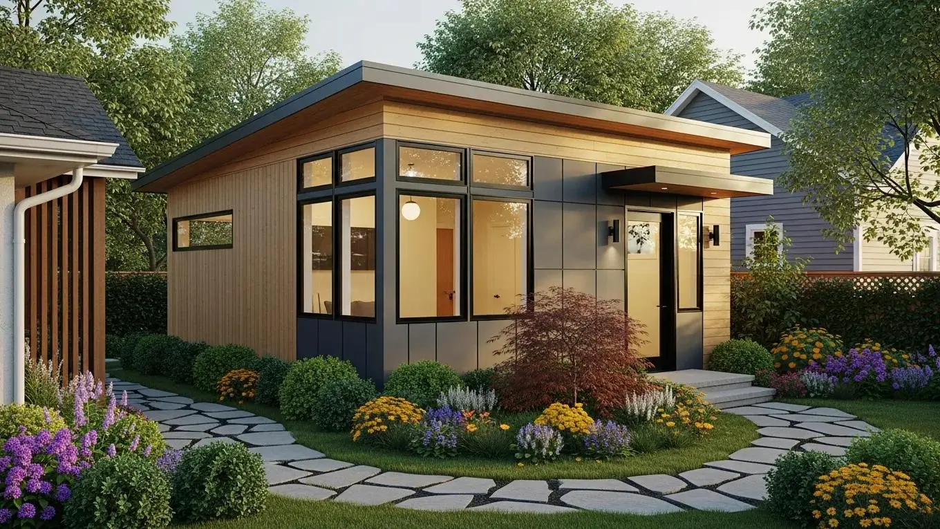 Modern accessory dwelling unit design in a suburban garden setting.