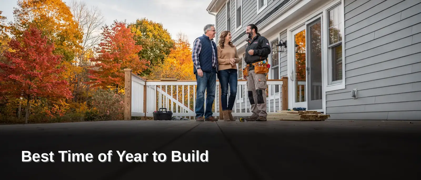 Custom composite deck framing and construction during fall in North Shore Massachusetts